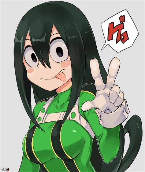 Tsuyu is a short girl of a relatively slender build and has notably large hands. Her appearance is rather frog-like; she has a wide mouth, which dips down a little in the middle just like a common frog, and oval-shaped eyes with large, black irises, their lower eyelashes visibly pronounced. Amongst her family, Tsuyu's frog-like traits are the ...